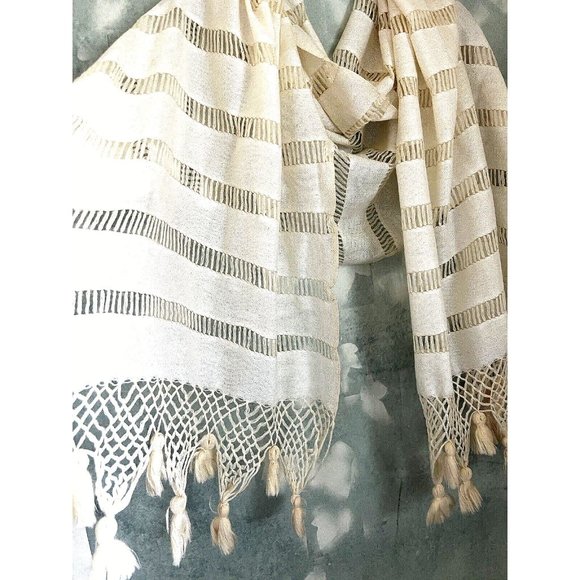 Bohemian Semi-Sheer Lacy Long Scarf Shawl Wrap Fringe Ivory Off-White - Picture 8 of 14